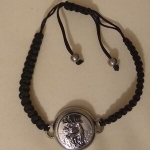 Ginger Snap Bracelet black cord round silver tone Deer Christmas snap